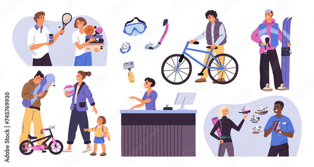 Buyers in sport store. People choose sneakers and sportswear. Happy shop visitors buy skis and bicycles. Consultants help with choice. Seller at cashier. Garish vector shopping set