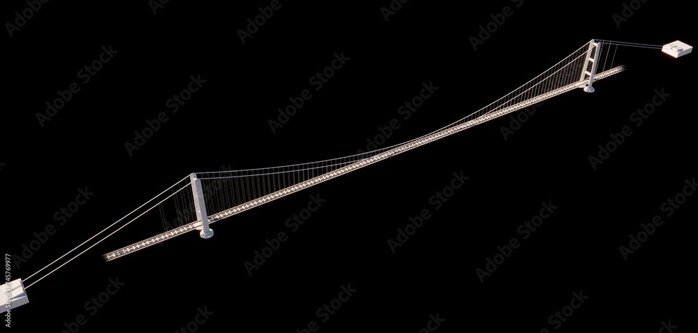 Bridge over the Strait of Messina, design and architecture, study of the deck, towers and suspensions. Architectural project. Bridge that will connect Sicily to Calabria. Italy. 3d rendering