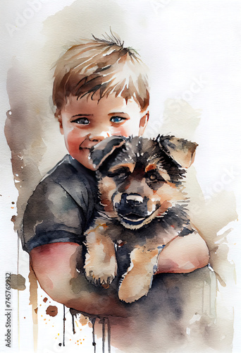 Happy child and a puppy dog watercolor greeting card. AI generated photo