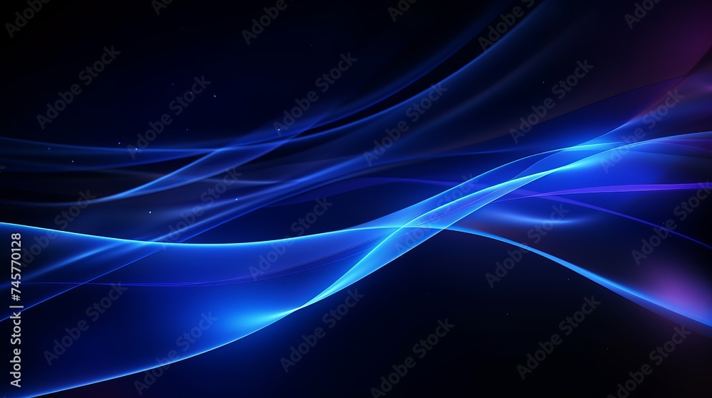 Blur glowing lines. Neon abstract background. Futuristic radiance. Defocused luminous navy blue color curve streak light flare motion on dark black