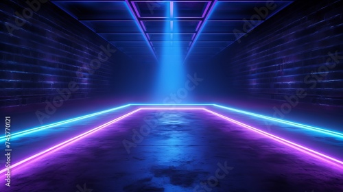 Blue and purple neon light on concrete cement floor and black background studio, Abstract high-tech, technology futuristic or entertainment feeling, Empty space in middle to place product or message © Elchin Abilov