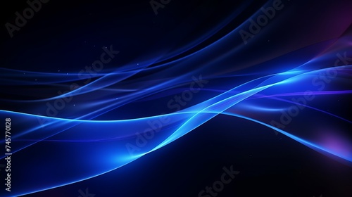 Blur glowing lines. Neon abstract background. Futuristic radiance. Defocused luminous navy blue color curve streak light flare motion on dark black