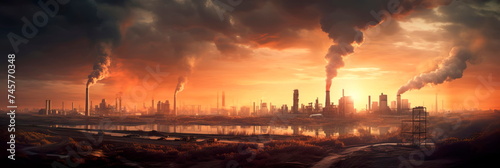 industrial cityscape with silhouettes of factories and smokestacks against the skyline. Generative Ai