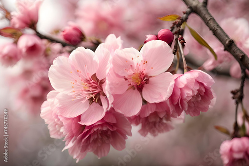 Pink Cherry Blossom Isolated Sakura Tree Branch. Generative AI © PIXAVIVE