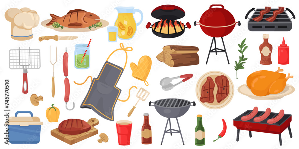 Barbecue party tools. BBQ picnic elements. Barbeque food. Summer event. Cooking beef on grill or open fire. Fish and meat steaks. Grilling vegetable pieces. Chef apron. Recent vector set Barbecue party tools. BBQ picnic elements. Barbeque food. Summer event. Cooking beef on grill or open fire. Fish and meat steaks. Grilling vegetable pieces. Chef apron. Recent vector set