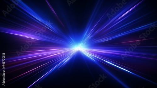 Blur luminous rays. Glowing neon banner. Cyber flare. Defocused ultraviolet navy blue color light lines motion on dark black futuristic abstract background