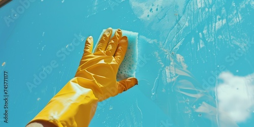 Cleaning - cleaning window pane with detergent, spring cleaning concept