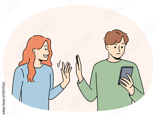 Man reject smiling loving woman showing attention. Busy guy using cellphone avoid and ignore persistent female show interest. Relationship problem. Vector illustration.