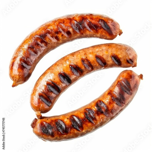 Cooked BBQ Sausages - Grilled Pork Bangers Isolated on White Background