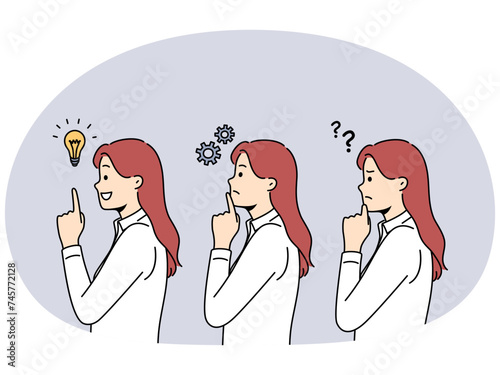 Pensive woman feel confused engaged in thinking process and finding solution to business problem. Concept of solving troubles and brainstorming. Vector illustration.