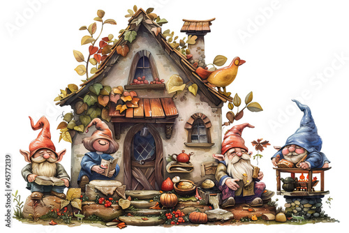 Gnome Village: Design a series of watercolor gnomes in a whimsical village 
