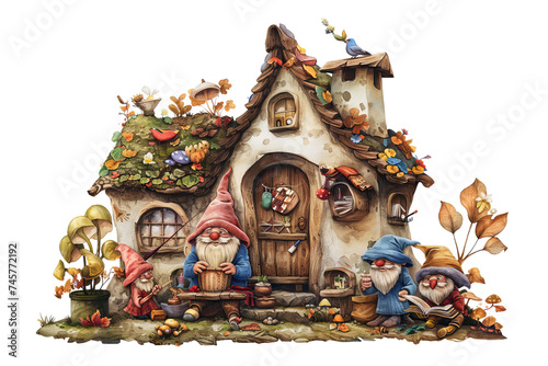 Gnome Village: Design a series of watercolor gnomes in a whimsical village 