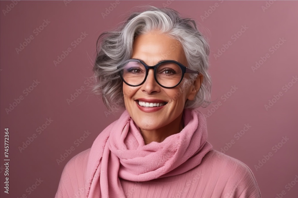Portrait of a happy senior woman wearing glasses and a pink scarf Portrait of a happy senior woman wearing glasses and a pink scarf