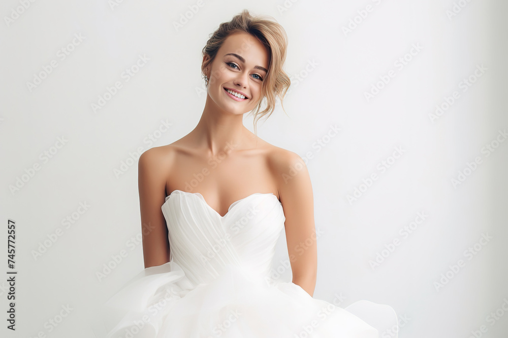 bride standing . she is wearing a beautiful dress and she is smiling. on a white background, with empty copy space bride standing . she is wearing a beautiful dress and she is smiling. on a white background, with empty copy space