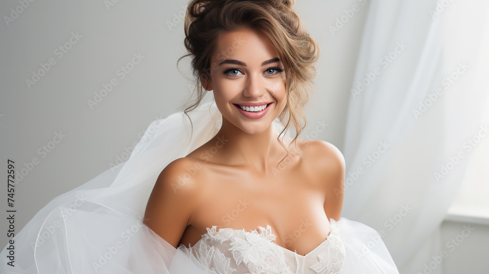 bride standing . she is wearing a beautiful dress and she is smiling. on a white background, with empty copy space bride standing . she is wearing a beautiful dress and she is smiling. on a white background, with empty copy space