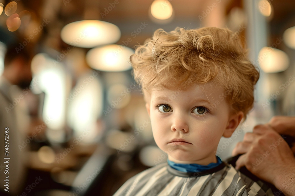 little boy in barbershop looking at camera ready for a haircut little boy in barbershop looking at camera ready for a haircut