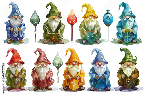 watercolor gnomes inspired by the twelve zodiac signs  with each gnome holding or surrounded by symbols associated with its respective sign. isolated on white background