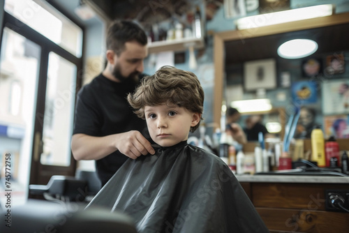 little boy in barbershop looking at camera ready for a haircut​