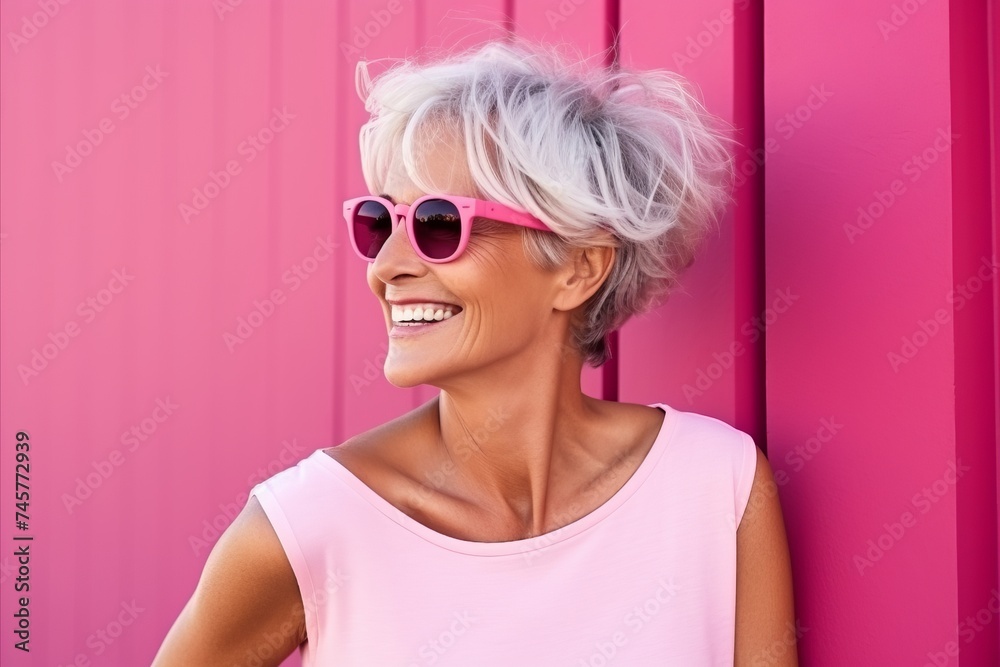 summer, fashion, style and people concept - smiling woman in sunglasses over pink background summer, fashion, style and people concept - smiling woman in sunglasses over pink background