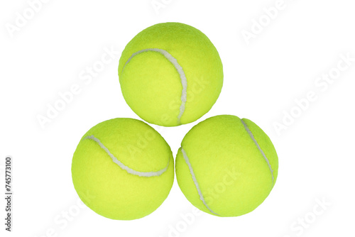 Top view of three tennis balls grouped isolated on a cutout PNG transparent background © Ivan Guia