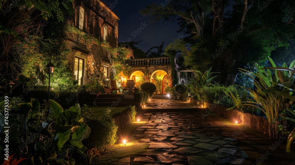 Night view of a magical garden pathway leading to an illuminated stone mansion with vibrant foliage.