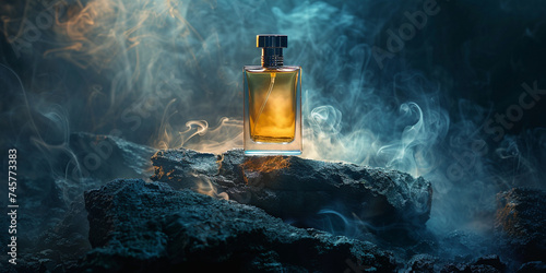 Front view men perfume on branch rotten wood on blue isolated background 