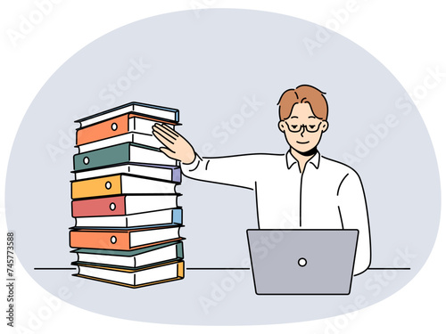 Businesswoman work on laptop put away paper folders. Smiling male employee busy on computer digital operations refuse from paper documents. Vector illustration.