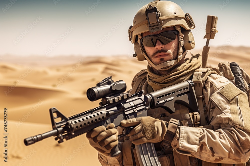 soldier in soldier's uniform with large rifle weapon, soldier's helmet, in desert area or similar, fictitious place