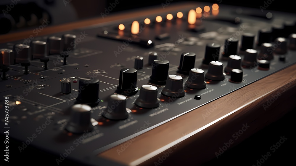 Detailed shot of a high-quality audio interface, emphasizing its intricate knobs and ports. Detailed shot of a high-quality audio interface, emphasizing its intricate knobs and ports.