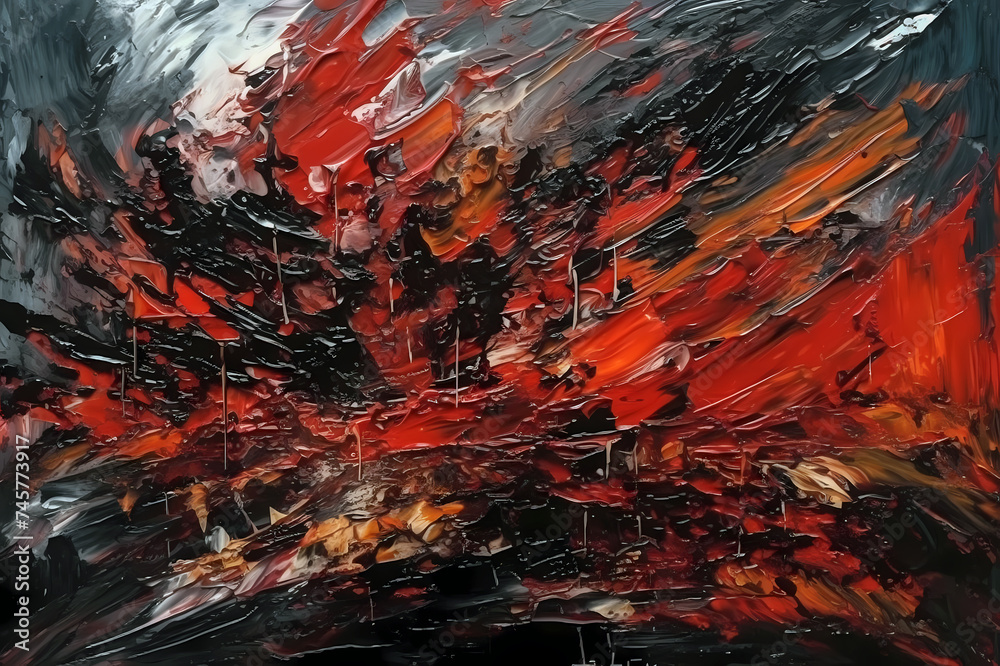 Abstract rough painting texture with oil brushstrokes in black and red colors. Pallet knife paint on canvas. Art concept background.