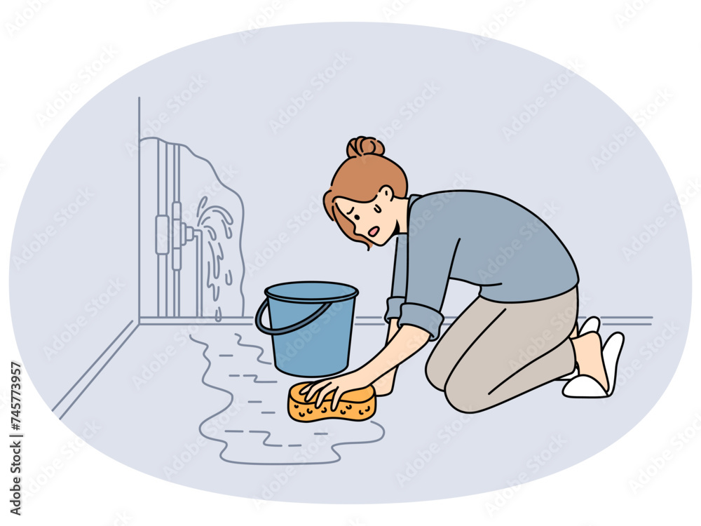 Worried woman cleaning water on floor from broken pipe. Anxious frustrated female collect water from burst pipes. Vector illustration. Worried woman cleaning water on floor from broken pipe. Anxious frustrated female collect water from burst pipes. Vector illustration.