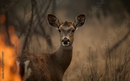 deer close-up, standing in the middle of a strong fire, fire all around, burning trees falling, smoke and sparks from the fire, photo 