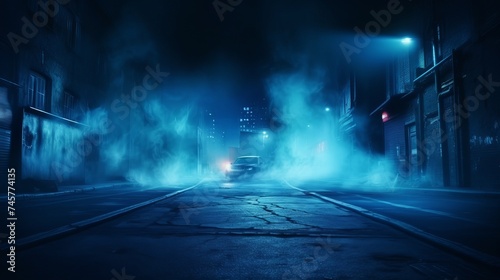 Empty scene with blue neon light. Asphalt blue street with smoke.Empyy background