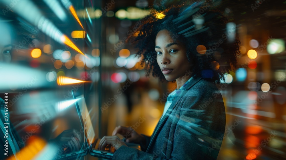 African American creative entrepreneur female businesswoman using laptop a bustling airport terminal, diverse travelers, vibrant bokeh of lights stylish entrepreneur modern business trip traveling African American creative entrepreneur female businesswoman using laptop a bustling airport terminal, diverse travelers, vibrant bokeh of lights stylish entrepreneur modern business trip traveling