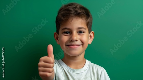 Cropped portrait of a smiling young boy showing thumb up isolated over green background
