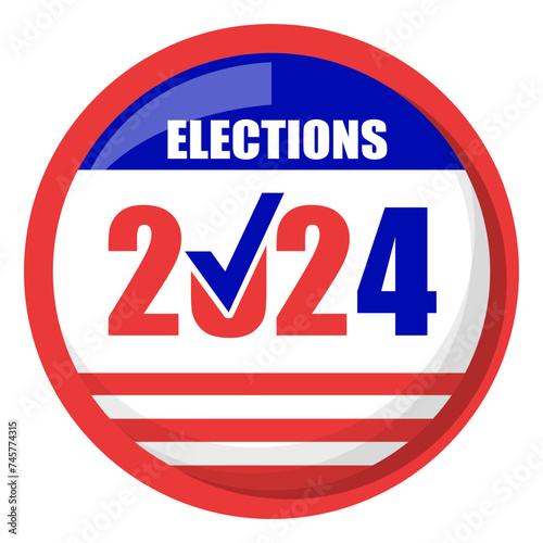 Election pin 2024 vector isolated. National campaign, vote for republicans or democrats, elections in USA. Democracy and patriotism.