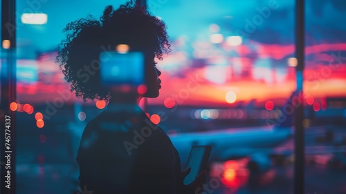 African American creative entrepreneur female businesswoman using laptop a bustling airport terminal, diverse travelers, vibrant bokeh of lights stylish entrepreneur modern business trip traveling