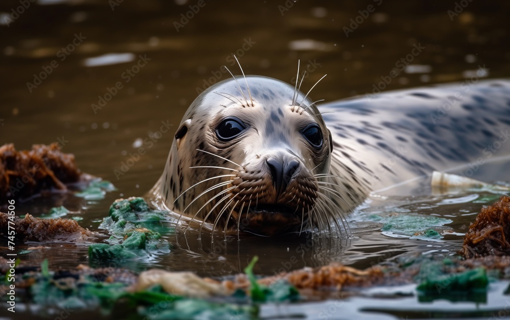 Obraz premium seal swims with a pile of plastic debris. ecological catastrophy 