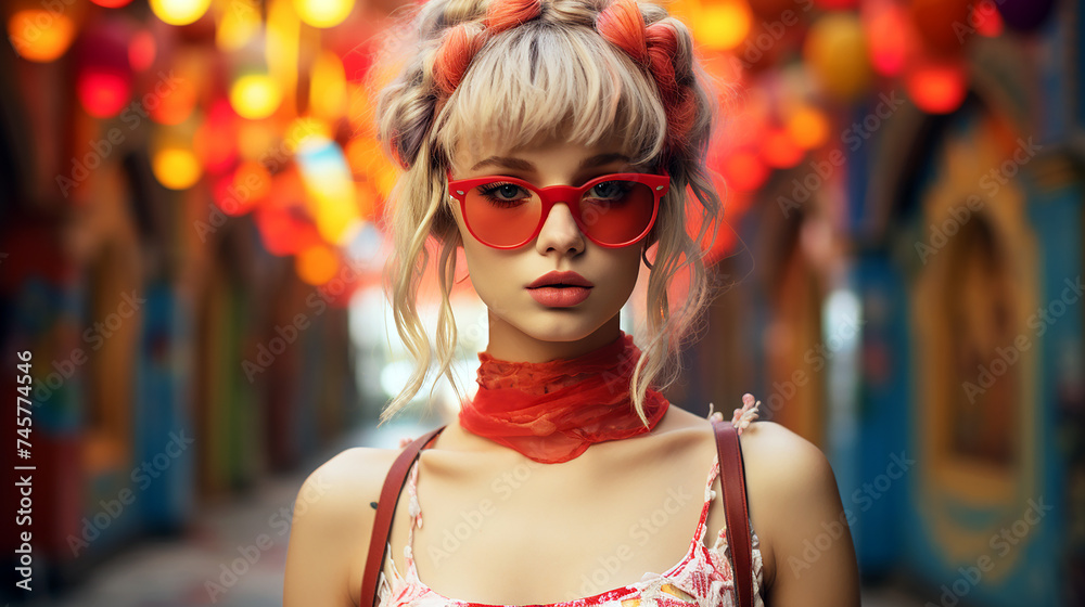 Portrait of a happy fair-haired woman in sunglasses Colourful psychedelic 1970s. AI generative. Portrait of a happy fair-haired woman in sunglasses Colourful psychedelic 1970s. AI generative.