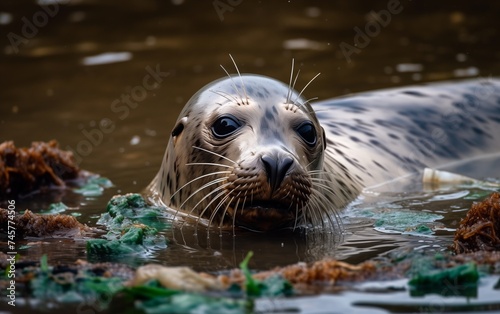 seal swims with a pile of plastic debris. ecological catastrophy 