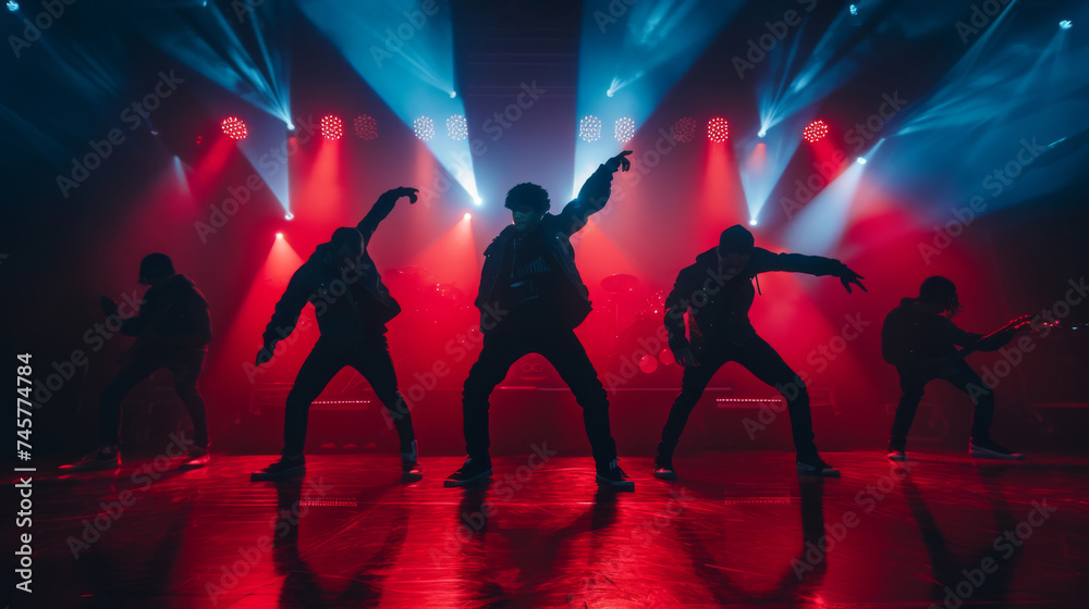 Dynamic silhouette of dancers or boys band performing on stage with striking neon lights creating a modern and energetic atmosphere. Creative fashionable neon color. capturing energy of nightlife. - obrazy, fototapety, plakaty 