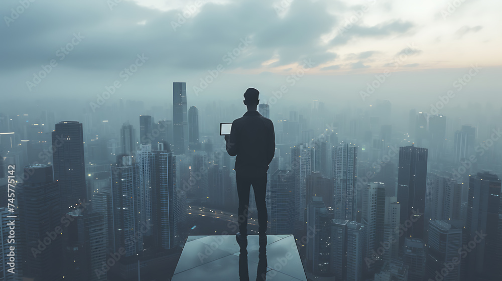A solitary man stands on a high platform, coffee in hand, contemplating over a vast foggy cityscape at dawn.
 - obrazy, fototapety, plakaty 