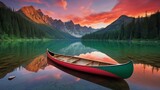 The canoe positioned at the heart of a pristine, rippling emerald lake, their reflection merging harmoniously with a backdrop of crimson sky and surrounding natural elements.