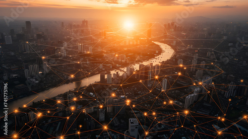 The sun sets majestically over a modern smart city, with glowing network connections illustrating the bustling digital communication and infrastructure. 