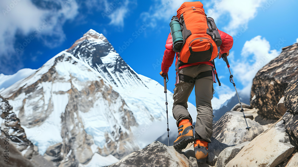 A solitary hiker in bright clothing ascending a rugged trail towards the snowy peak of a mountain.
