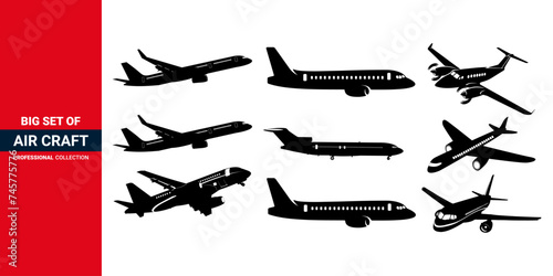 Big Set of a Different Kind of Airplane Silhouettes. Vector airplane Icon., Flight, Flying, Landing Airplane set of icon. 
