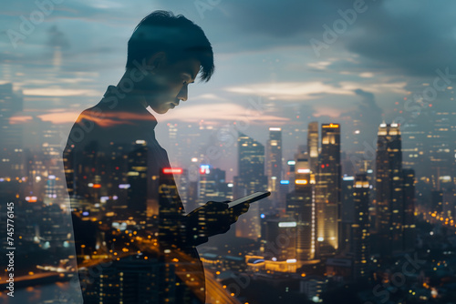 Double exposure of business and a city - Asian businessman using a digital tablet superimposed on a city skyline