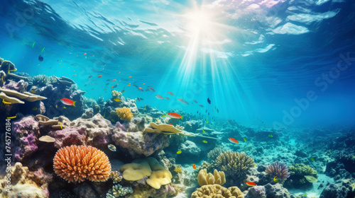 Underwater view of a colorful sea coral reef with fishes. Ocean ecosystem. Generative AI