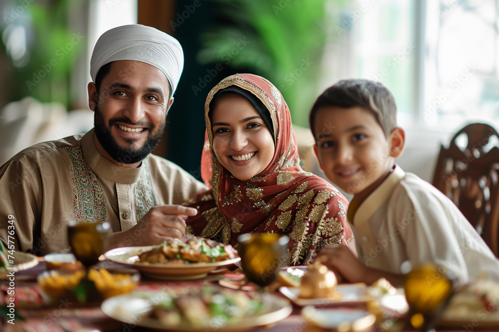 Happy smiling indian Muslim couple with kid by looking at camera during Ramadan dinner fast at home 