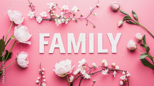 The word FAMILY in bold white letters adorned with elegant white and pink blooms on a pink backdrop.